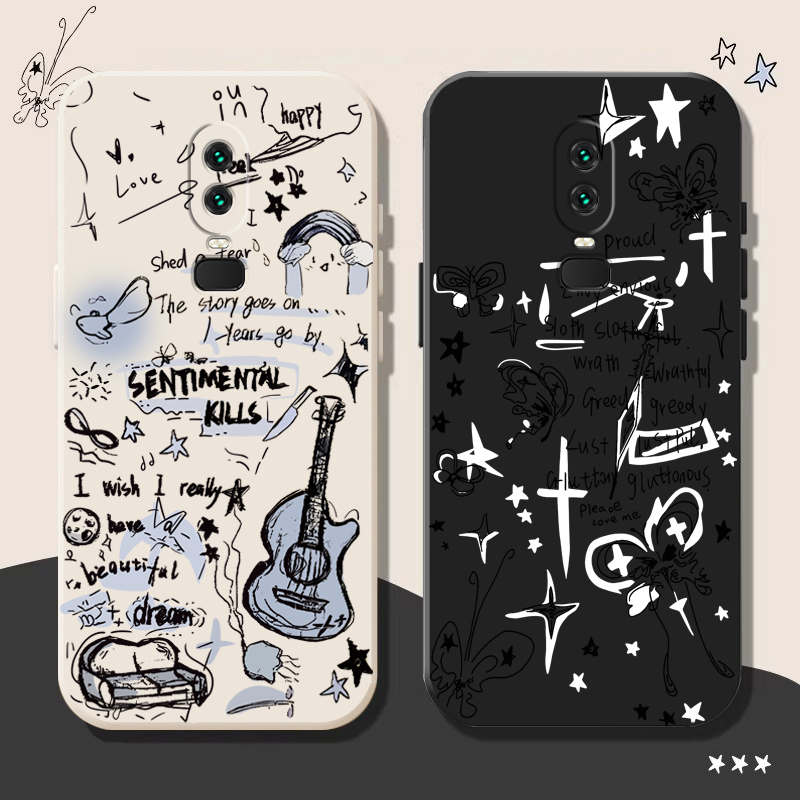Suitable for Oneplus 6t Phone Case, Black and White Guitar Design, Oneplus 6 Shockproof Full-Edge Protection, Simple 1+6t Cute Design for Men and Women, High Aesthetic Value, Oneplus 6 Trendy Protective Case, Creative 1+6 Cartoon Soft Silicone Case