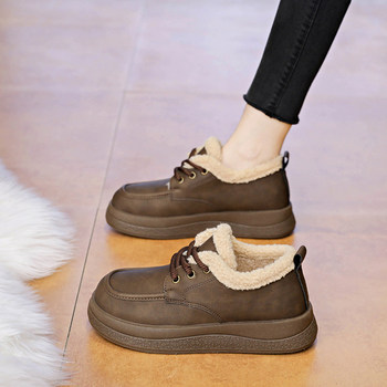 Fleece-Lined Loafers for Women 2025 New Winter Lamb Wool Warm Leather Shoes Lace-Up Snow Cotton Shoes Waterproof and Non-Slip