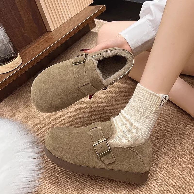 Fleece-Lined Full-Wrap Retro Birkenstock Shoes for Women, Winter 2025 New Slip-On Loafers, Furry Cotton Shoes, Warm Snow Boots