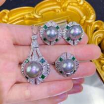 New European and American light luxury imitation Tahitian black pearl set in the year of birth micro-encrusted diamond open ring colorful treasure earrings