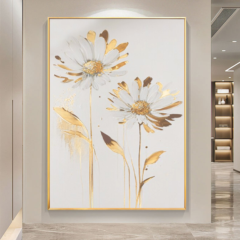 Original hand-painted oil painting gold leaf daisy Hyun Guan Guan Decoration Painting Modern Light Lavish Living Room Background Wall Large Restaurant Hanging Painting-Taobao