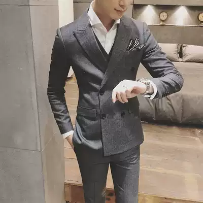 Double-breasted suit men's suit wedding groom dress business professional dress slim casual wool men's suit