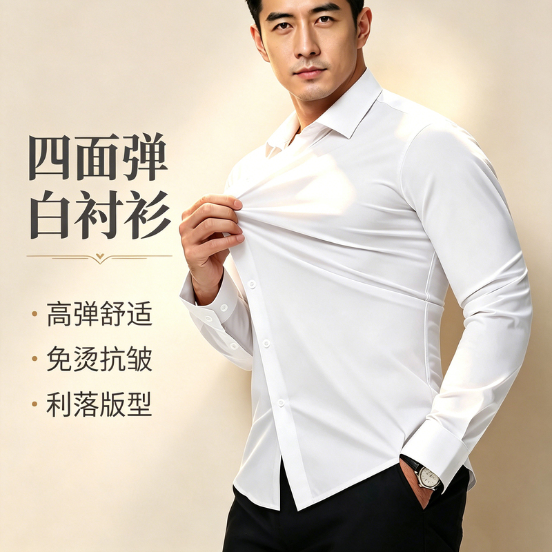 Large Size Four-Way Stretch Shirt for Men, Square Collar, Long Sleeves, No-Iron Workwear, Business Casual, High-End White Shirt