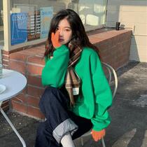 Green plus velvet blouses Chauvewear 100 hitch Korean version of women autumn and winter 2020 round neckline chic port wind retro easy new