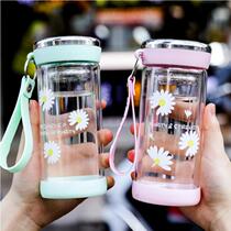 Double-layer insulated glass with filter screen ladys tea flower leak-proof ins Harajuku style portable office water cup