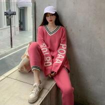 Suit Casual Pants Woman 2020 years High waist knitted autumn and winter foreign air fashion Two sets V collar striped sweater new