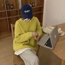 100 lapped Korean version of pure color sweater womens autumn winter blouses rounded collar retro port Wind loose sleeves Lazy Stitch Weaselwear Outwear