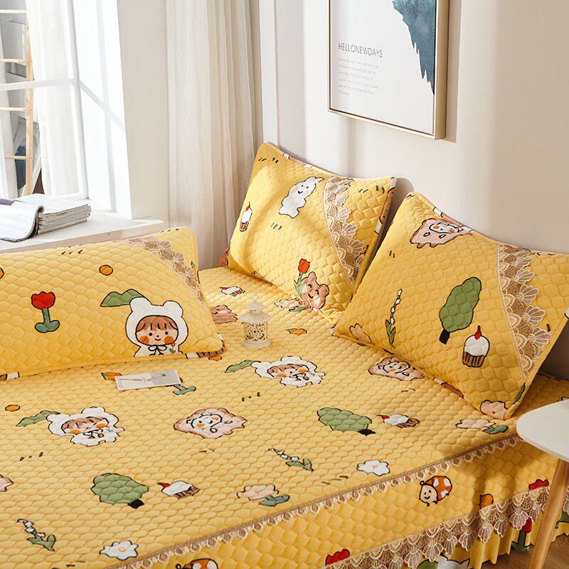 Bed cover 2021 new milk suede tatami pit cover Korean version quilted laminated cotton linen to increase non-slip cartoon support