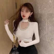 The base long sleeve temperament Net red small hollow sense rhinestone design Shirt shirt self-cultivation machine shirt Women autumn and winter