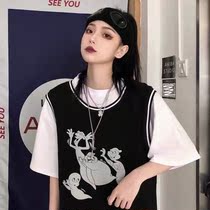 T-shirt short sleeve ins Harajuku harbor wind loose bf in fake two long summer Net red Korean half sleeve shirt female tide