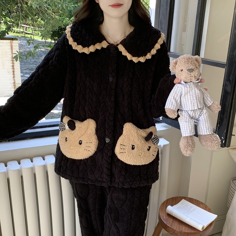 Coral Fleece Pajamas for Women, Autumn and Winter, Cartoon Style, Thickened and Fleece-Lined, Black Wheat Ear Design, Cute Student Flannel Loungewear Set Coral Fleece Pajamas for Women, Autumn and Winter, Cartoon Style, Thickened and Fleece-Lined, Black Wheat Ear Design, Cute Student Flannel Loungewear Set
