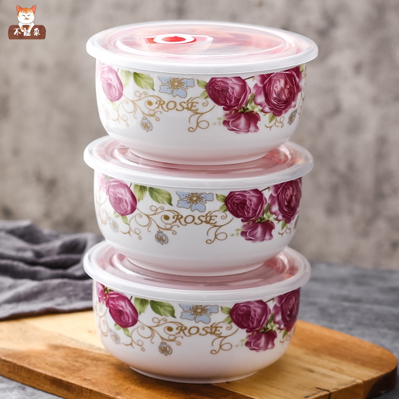 Microwave box heating cover ceramic fresh-keeping bowl three-piece microwave lunch box with lid refrigerator lunch