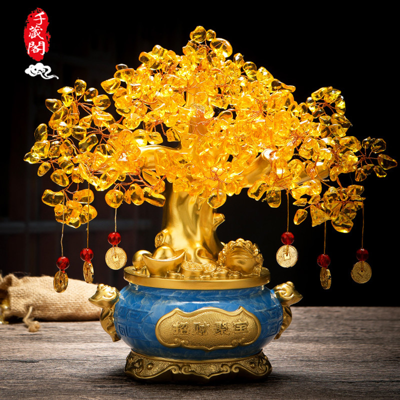 RSEMNIA Yellow Crystal Fat Property Tree Merchants Shaking Money Tree Poly Ppot Office Shop Wine Cabinet Decorations