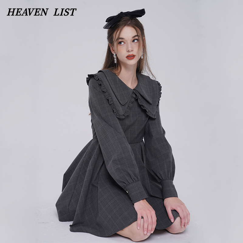 Blushingmoon Original Heavenlist Autumn and Winter Retro Romantic Gray Plaid Girl High-Waisted Dress