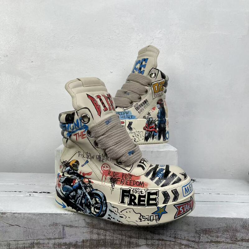 Storm Motorcycle American Street Graffiti Sports Niche Personality Original Men's and Women's New Autumn and Winter Leather High-Top Shoes Storm Motorcycle American Street Graffiti Sports Niche Personality Original Men's and Women's New Autumn and Winter Leather High-Top Shoes