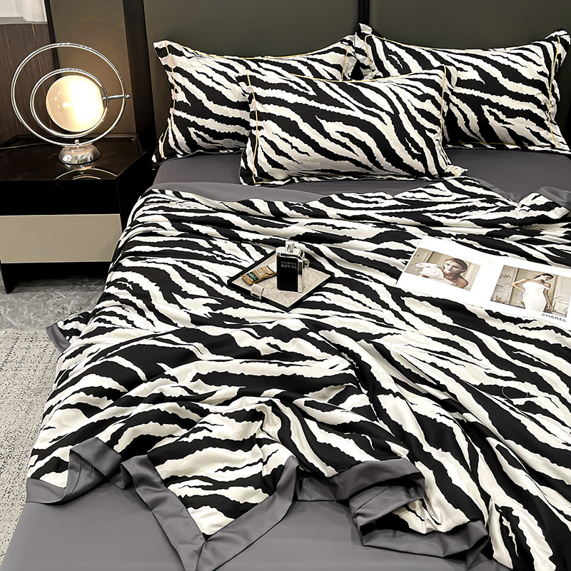 Summer Tencel Zebra Pattern Summer Cooling Quilt Four-Piece Set, Silk Ice Silk Air Conditioning Quilt, Thin Quilt for Single or Double Bed