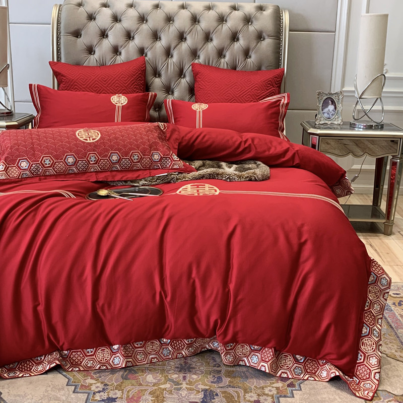 Chinese high end 60 cotton cotton four - piece set of four - piece embroidery is a big red wedding bed