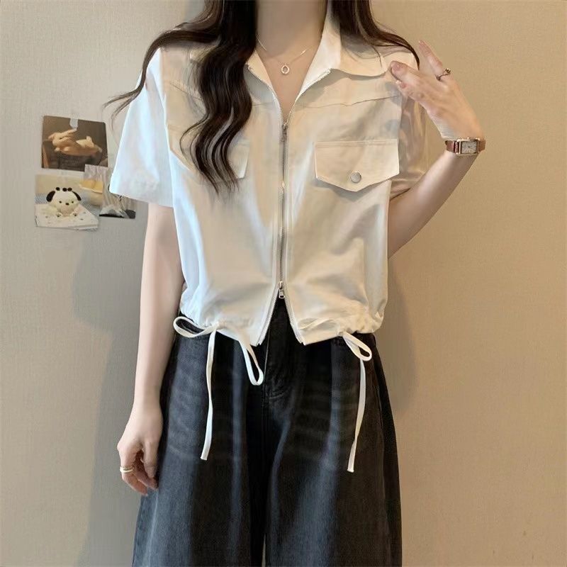 Summer New Style Student Short Workwear Short-Sleeved Top for Women, Slim Design, Double Zipper Polo Collar Shirt