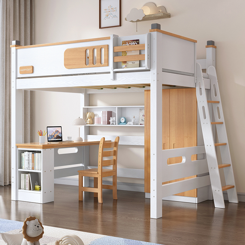 Bed and Desk Combination, Solid Wood Bunk Bed, Children's Bed with Integrated Desk and Wardrobe, Multifunctional Double-Decker Loft Bed Bed and Desk Combination, Solid Wood Bunk Bed, Children's Bed with Integrated Desk and Wardrobe, Multifunctional Double-Decker Loft Bed