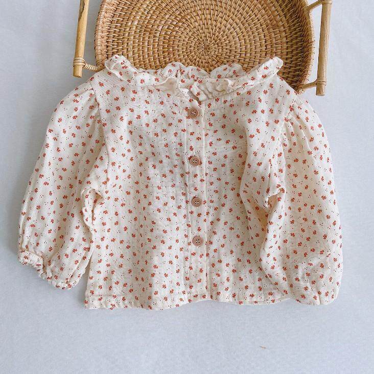 Child Crumbled Shirt Tide 2022 Spring Autumn New Baby Foreign Pie Long Sleeve Shirt Girl Blouses Girl Blouses Flowers Side Collar
