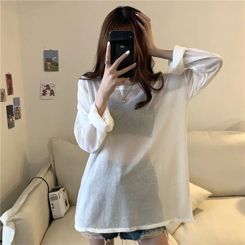 Plus Size Fat mm 150kg Long-Sleeved Sun Protection T-Shirt for Women 2024 Summer Thin Loose Base Shirt Top ins Trendy