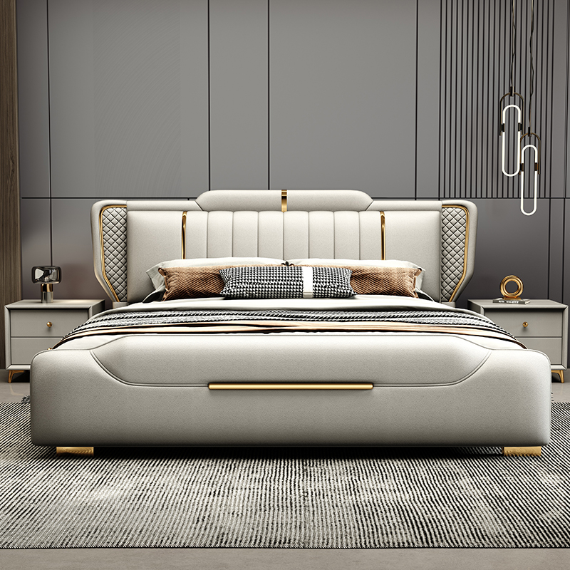 Willy-style light lavish genuine leather bed 2 2 m modern minimalist master bedroom with soft bag double bed 1 8 high-end atmosphere storage wedding bed-Taobao