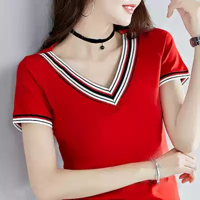 Cotton T-shirt ladies short sleeve summer clothes 2020 new red ins tide half sleeve short slim slim V collar clothes