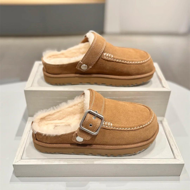 Sanpo Leather and Fur Integrated Autumn New Style Comfortable Flat Slip-On Half Slippers Crog Casual Lazy Fur Shoes