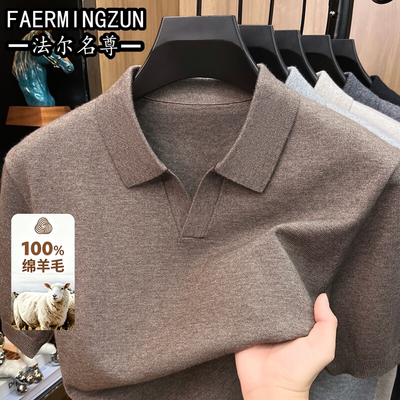 Ferminzun New Autumn and Winter Pure Wool Sweater for Men with Seagull Lapel, Short-Sleeved Knitted Base Shirt, Middle-Aged Sweater