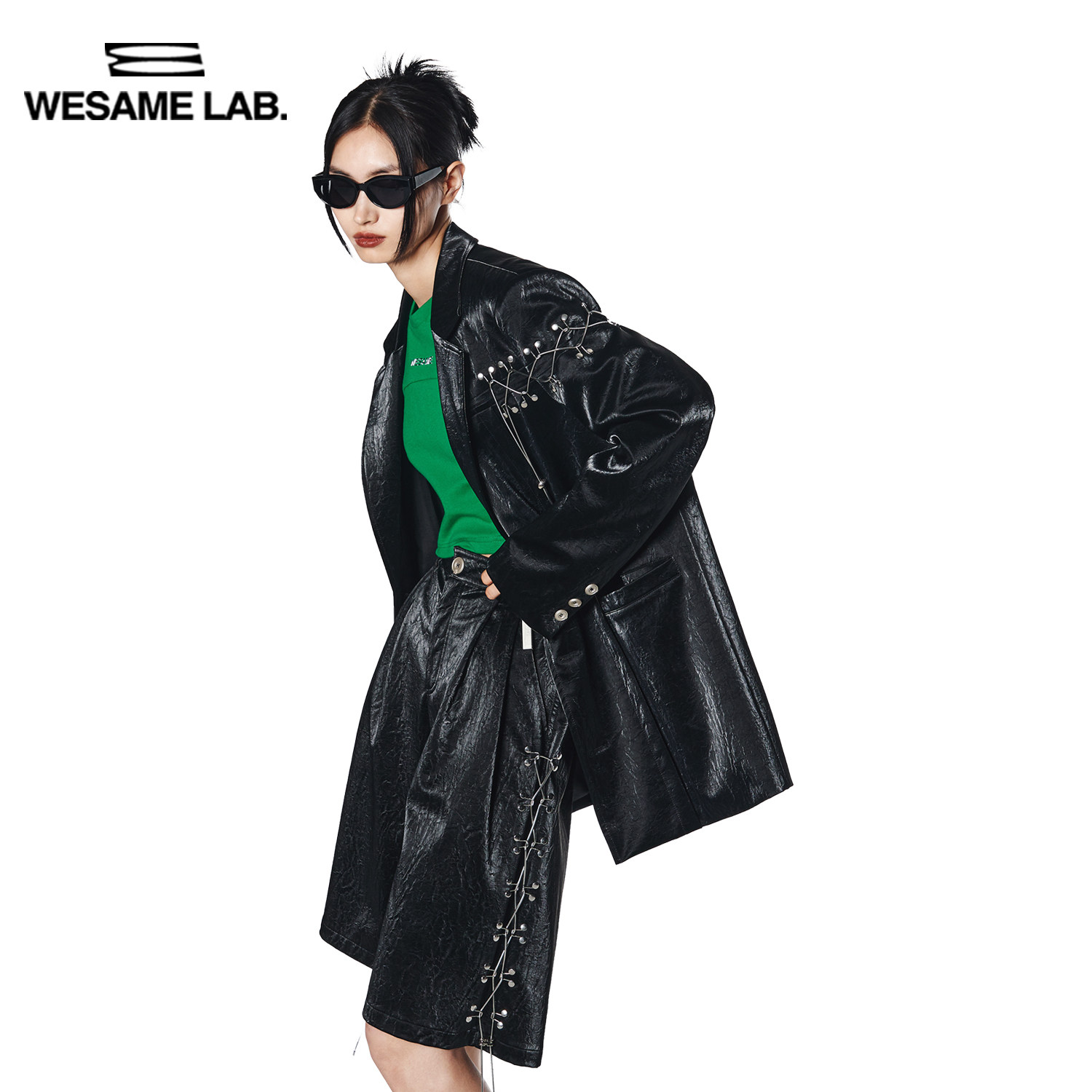 WESAME LAB designer metal chain wide-leg high street women's design sense retro mid-pants leather vintage shorts