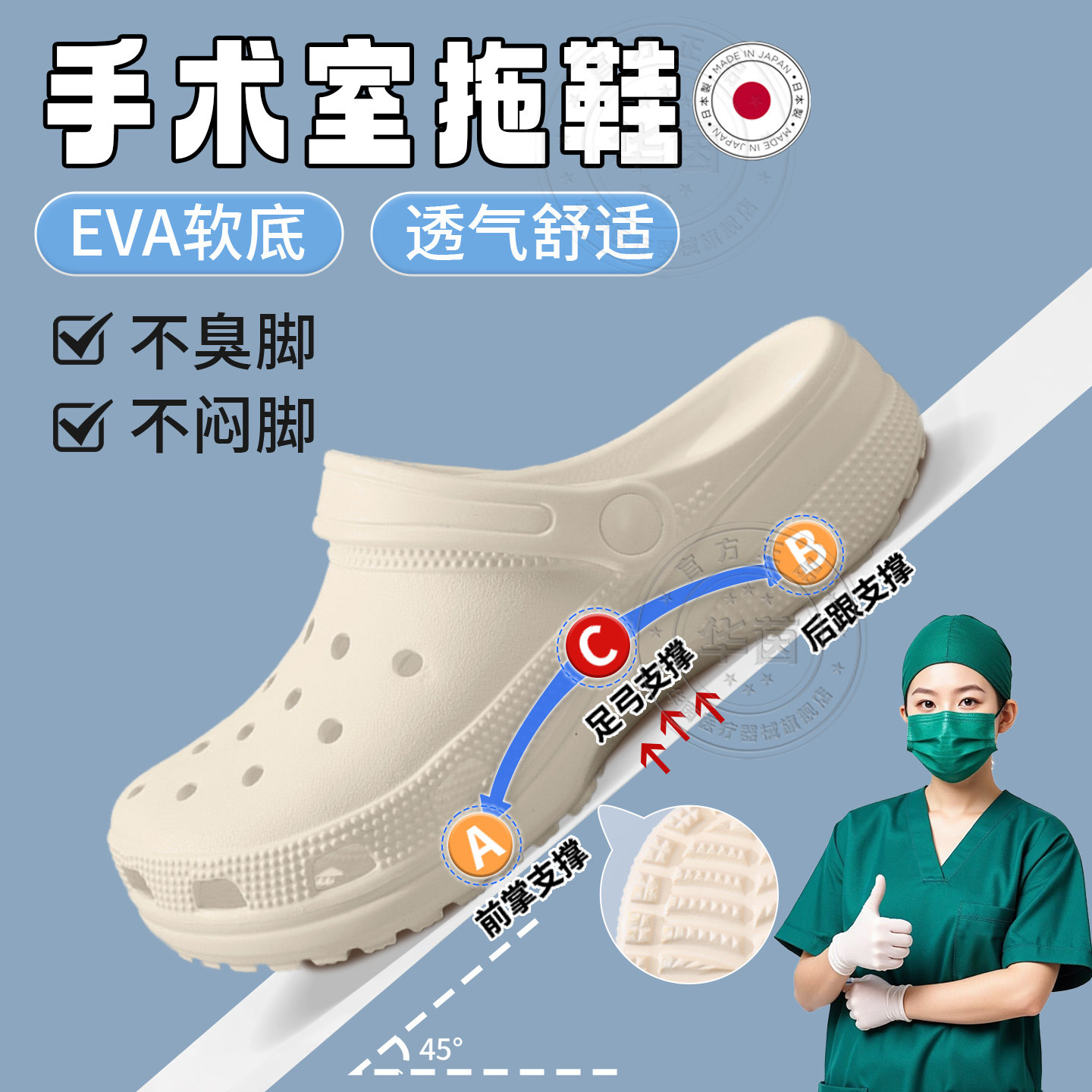 日本品质足弓支撑洞洞鞋手术室拖鞋男女eva防滑防臭扁平足筋膜焱