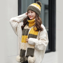 Hat ladies autumn and winter Korean sweet cycling warm plus velvet thick knitted wool hat bib scarf student