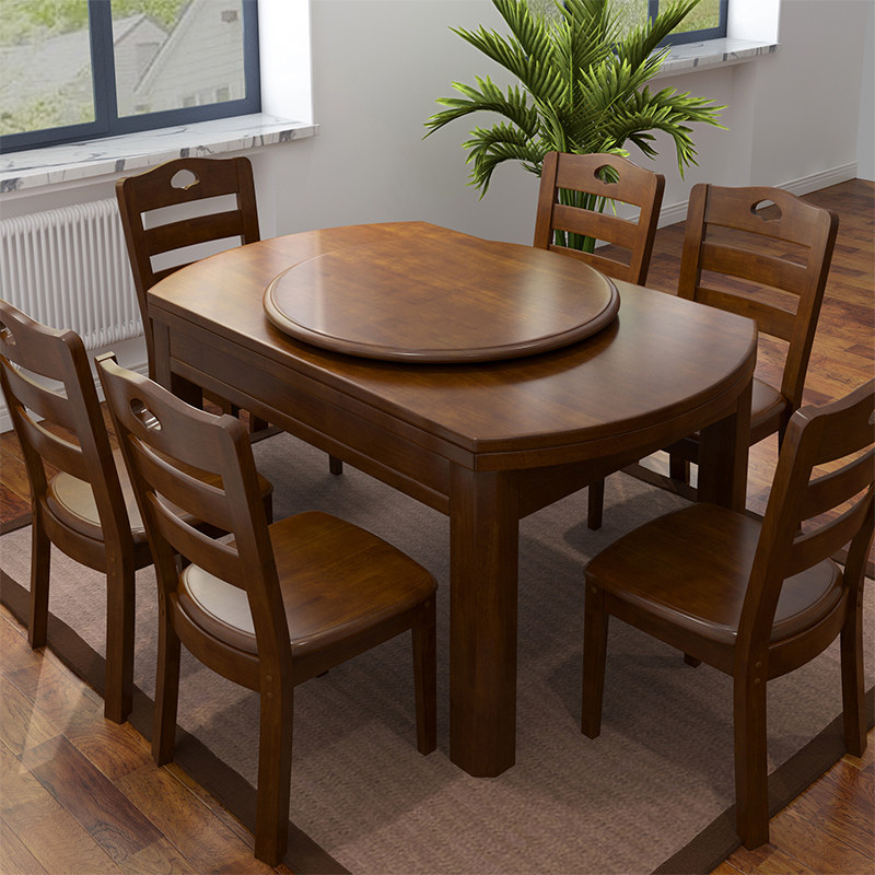 Full solid wood dining table and chairs combined 4 people 6 people 8 people round table multifunction telescopic round Chinese domestic dining table jumping table