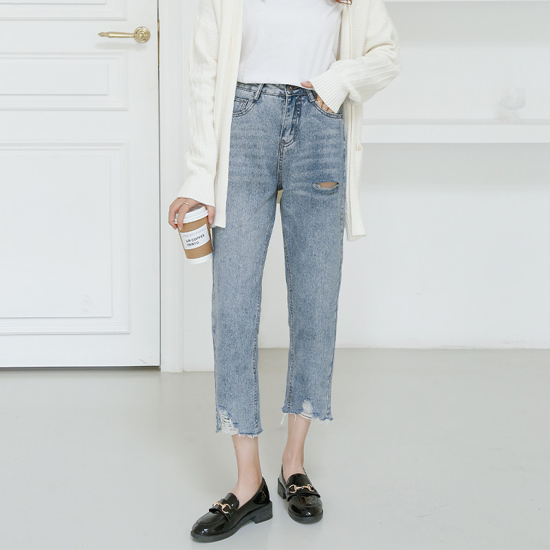 Brin straight loose jeans women's high waist thin 2021 spring new hole small man eight-point pants