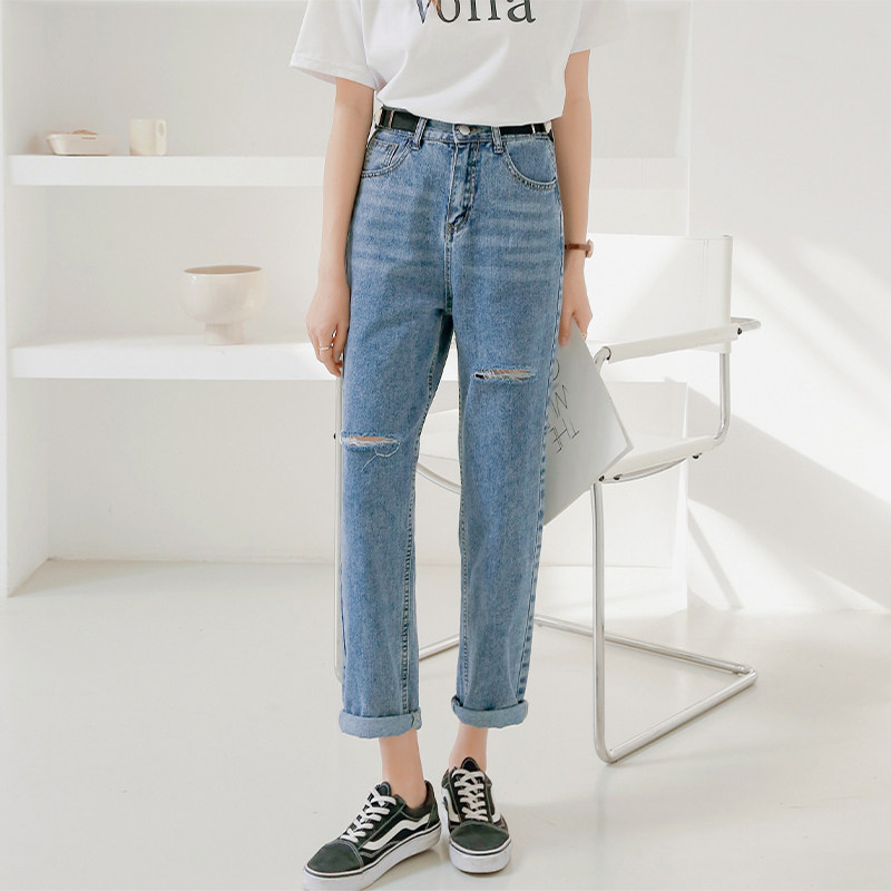 Brin family hole jeans women loose nine points spring and autumn 2021 new thin high-waisted straight Harun dad pants