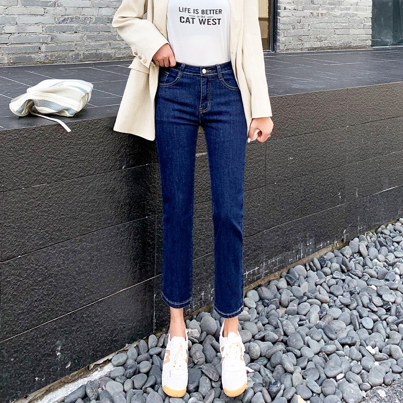 Brin's family dark blue straight jeans women's high waist and thin 2022 spring and autumn new slim fit nine-point cigarette pants