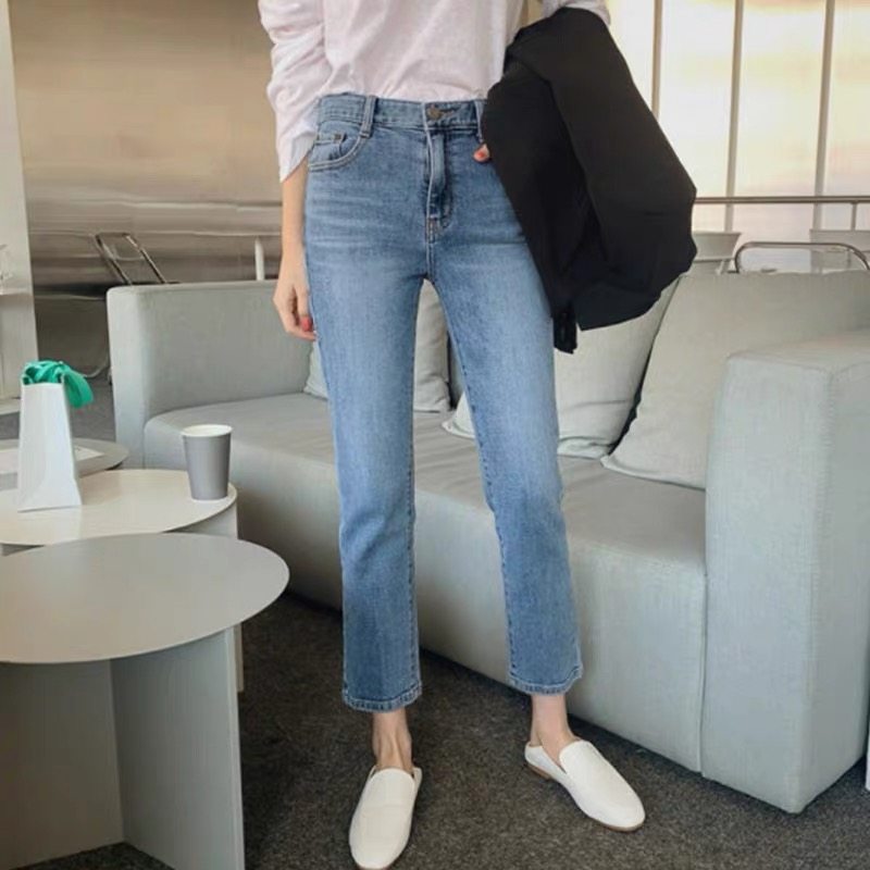 Brin's light blue jeans women's straight narrow version high waist slimming 2023 spring new small nine-point pants