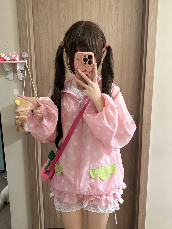 In-Stock Meow Meow Authentic Little Strawberry Sun Protection Clothing Original Yarn Upf50+ Japanese-Style Polka Dot Pink Versatile Cute