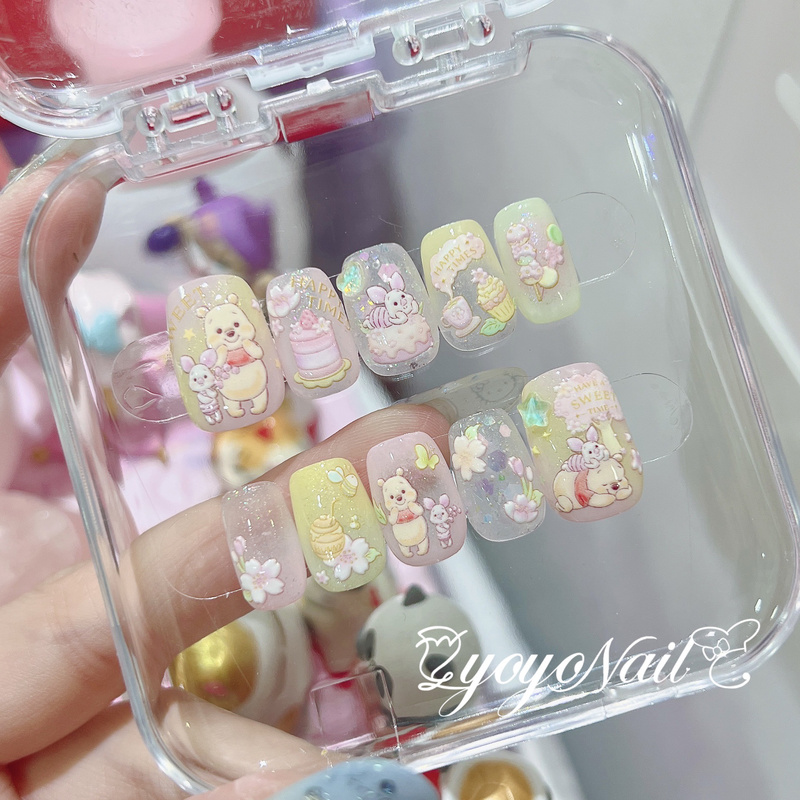 Yoyonail Handmade Wearable Nails Spring Cherry Blossom Winnie the Pooh Piglet Pink Cartoon Phototherapy Nails Manicure