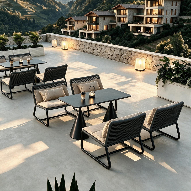 Cafe Outdoor Sofa Chairs, Hotel and B&B Terrace, Outdoor Courtyard, Garden, Rest Area, Outdoor Seating Area, Rattan Tables and Chairs