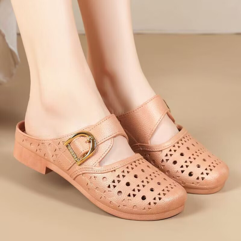 Women's New Style Open-Toe Slippers, Hollow-Out Design for Summer, Soft-Soled, Non-Slip, Square-Soled, Comfortable Slip-On Shoes for Home Use