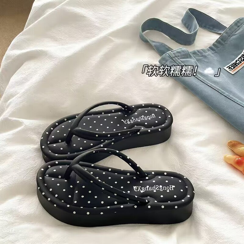 Cream Kt Cat~! 4cm Thick-Soled Height-Increasing Flip-Flops for Girls, Summer Beach Non-Slip Breathable ins Thong Sandals