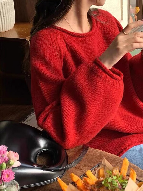 Christmas and New Year Red Design Niche Sweater for Women, Autumn and Winter Thickened French Loose Lazy Style Pullover Knitwear Christmas and New Year Red Design Niche Sweater for Women, Autumn and Winter Thickened French Loose Lazy Style Pullover Knitwear