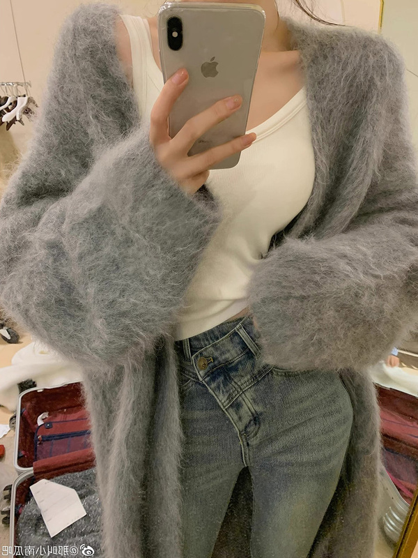 Gray Mohair Korean Style Lazy Long Sweater Coat V-Neck High-End Knitted Cardigan for Women Autumn and Winter Outerwear