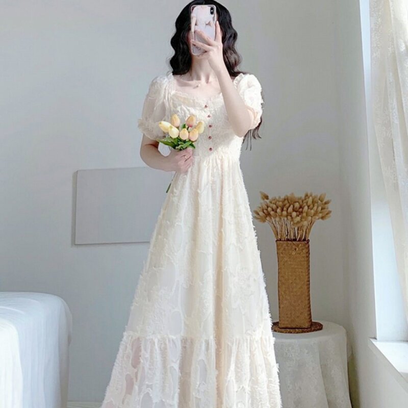 2021 summer new women's thin temperament tea break French retro square collar bubble sleeves gentle wind fairy dress