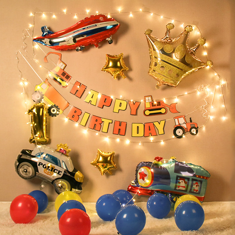 Children's car theme birthday decoration Boy party balloon baby one year old happy background wall scene decoration