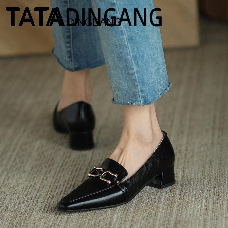 TATA DINGDANG he she jingle women's shoes medium heel square toe shoes thick heel soft sole work shoes women's leather shoes