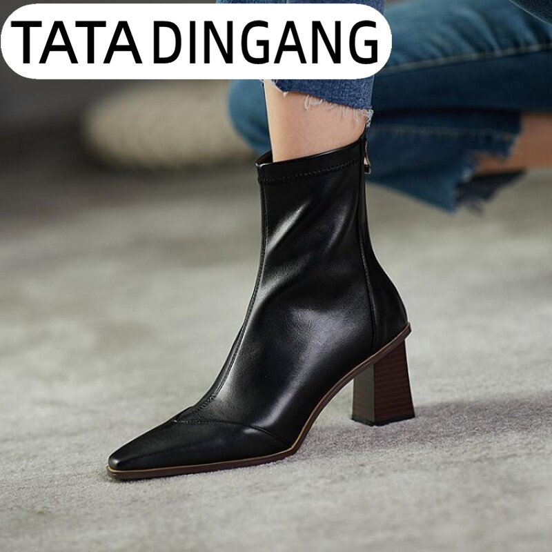 TATA DINGDANG official British style leather Martin boots her and his women's shoes pointed toe high-heeled short boots women's all-match