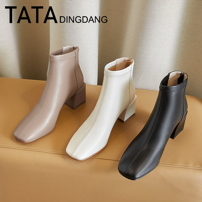 TATA DINGDANG square head coarse heel short boots women genuine leather high heel elastic boots and ankle boots on her female shoes single shoes