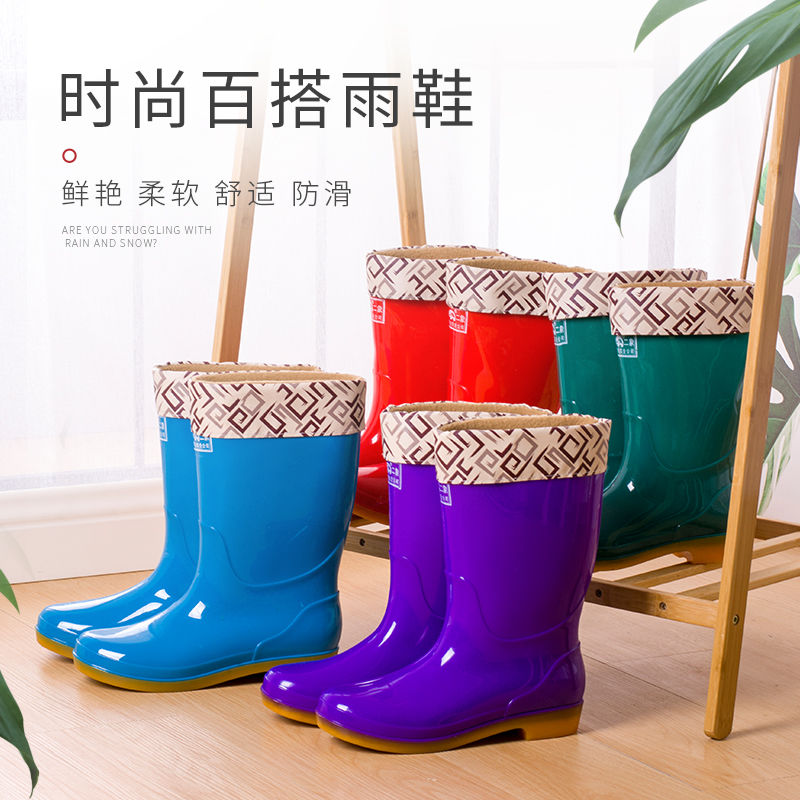Rain shoes Women Post Thick Bottom Bull Gluten Water Boots Gush Cotton Abrasion Resistant Midcylinder Non-slip Kitchen Water Shoes Warm